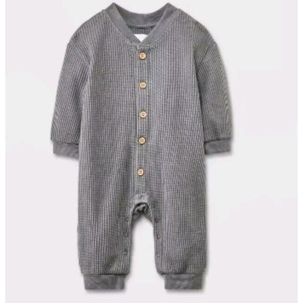 Grayson Mini Button Front One Piece Waffle Knit Romper Soze 3-6 Months Gray Long